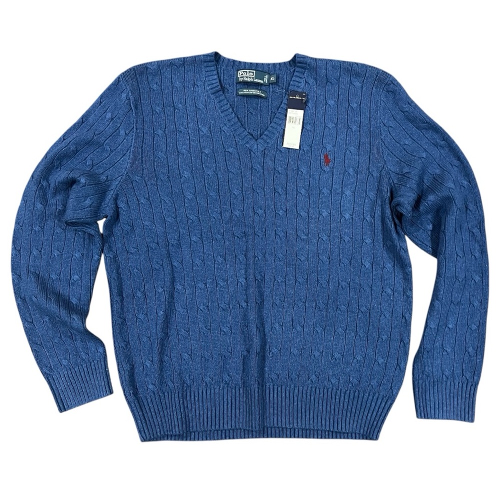 Polo by Ralph Lauren Blue Tussah Silk Cable Knit V-Neck Sweater Size XL NWT